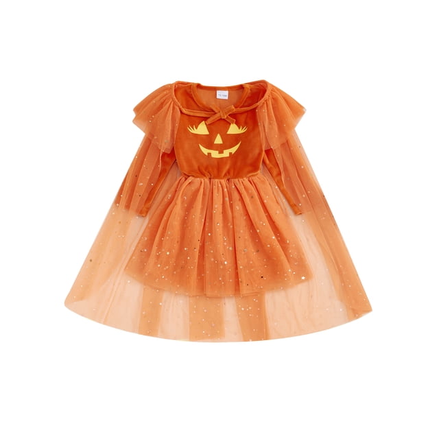 FAROOT Robe d'Halloween pour Petite Fille Imprimé Visage de Citrouille Manches Longues Col Rond Patchwork en Tulle Robe Trapèze avec Châle