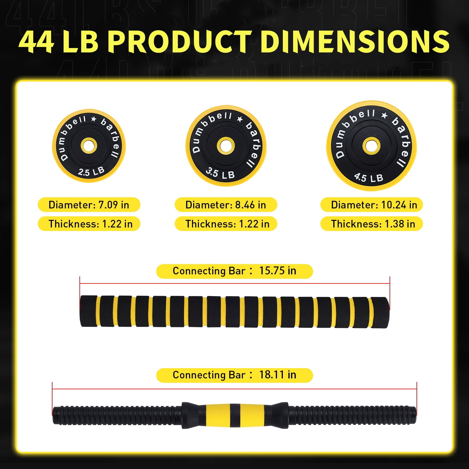 2-In-1 Adjustable Dumbbell Set 44 Lb, Adjustable Weights Used As Dumbbell and Barbell Set, Yellow
