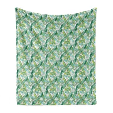 Exotic Soft Flannel Fleece Throw Blanket, Summer Botany Themed Repeating Tropical Foliage Jungle Leaves Pattern, Cozy Plush for Indoor and Outdoor Use, 50" x 60", Multicolor, by Ambesonne