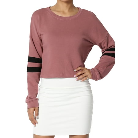 Therma Fit Fleece Top - TheMogan Junior's Striped Dolman Long Sleeve Crop Top Loose Fit Cropped Sweatshirts
