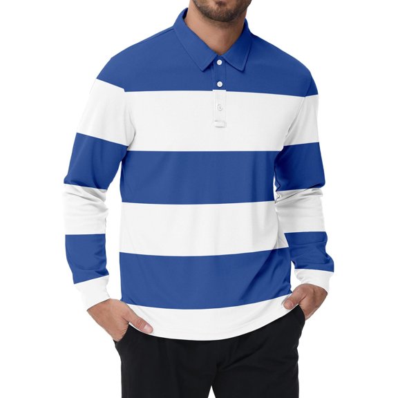 YMNXA Mens Polo Shirt Long Sleeve Lapel Button Down Striped Print Comfortable Breathable Top For Casual Daily Wear Blue L