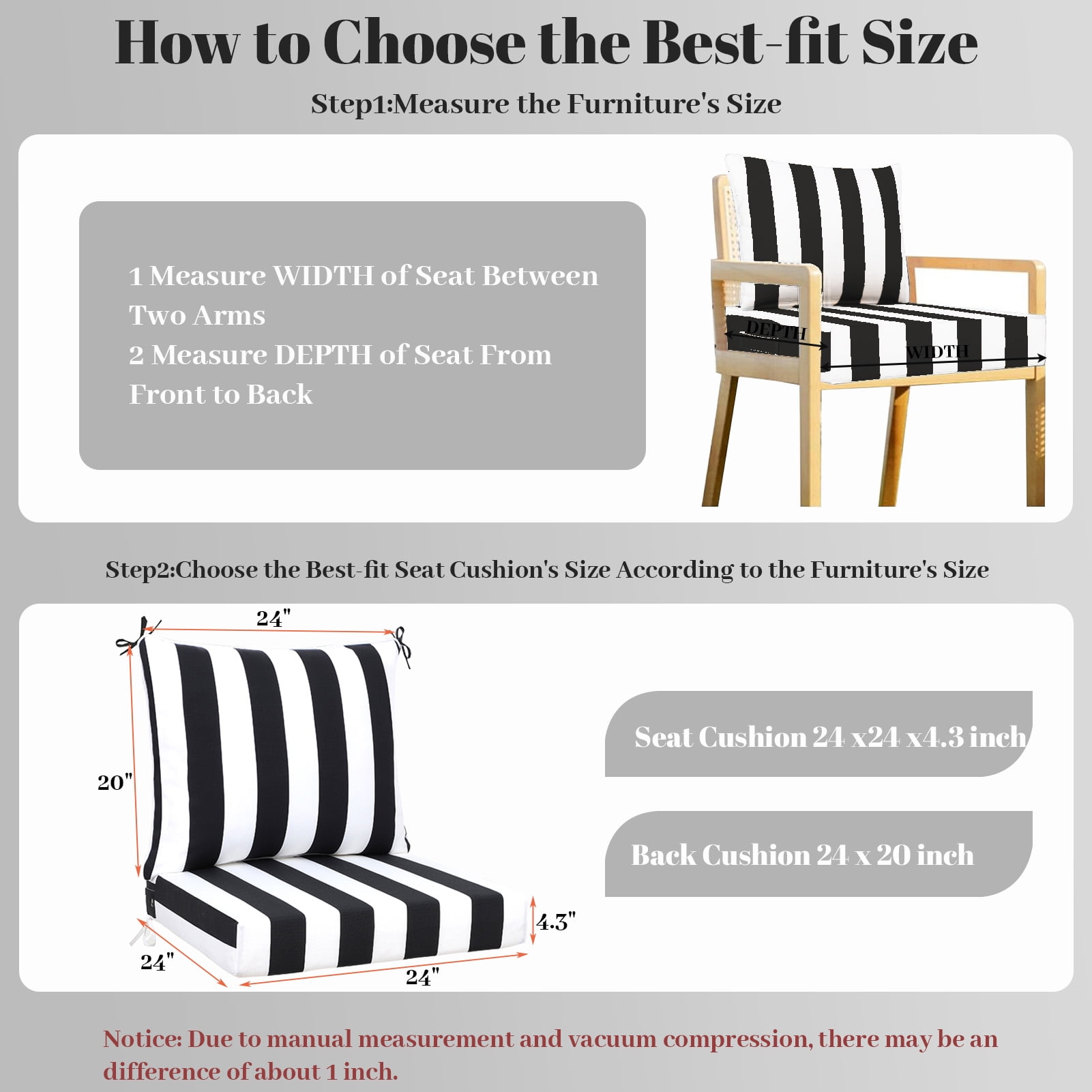 Outdoor Deep Seat Cushions Set, 24x24x4.3 inch, Fade Resistant, Waterproof Patio Chair Cushion with Backrest(black white）