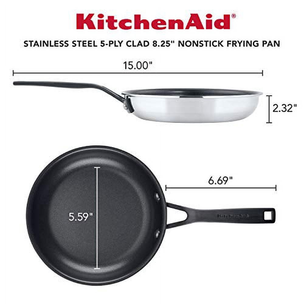 KitchenAid 5-Ply Clad 8.25 Inch Stainless Steel Nonstick Induction Frying Pan, Dishwasher Safe and Oven Safe to 500°F, Polished Stainless Steel