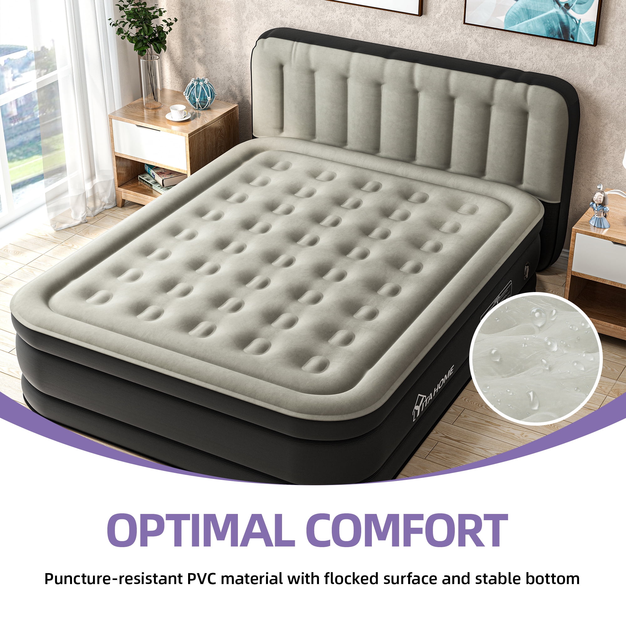 Uforic 18 Inch Queen Air Mattress with Built-in Pump, Flocked Top Inflatable Bed with Banded Headboard, Blow-Up Mattress for Home, Camping and Guests, Black