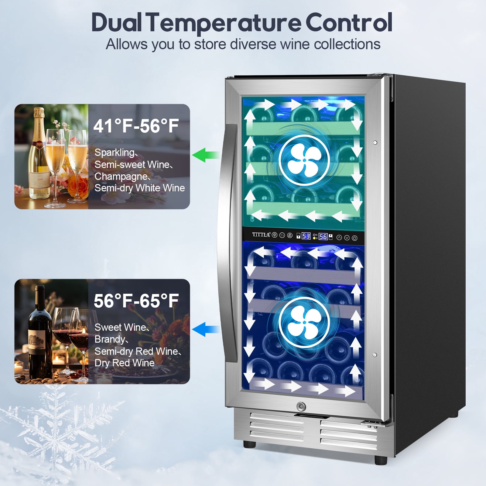 Tittla 15 Inch Wine Refrigerator,Under Counter 30 Bottle Wine Cooler,Dual Zone Fast Cooling, Low Noise