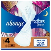 Always Radiant Overnight Pads with Wings, Scented, Size 4, 28 Ct