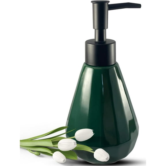 ABCISI Soap Dispenser, Refillable Ceramic Hand Dish Soap Dispenser with Matte Black Pump Head for Bathroom, 8.5 oz Green Soap Dispenser with Minimalist Modern Design (Diamond Shape Green Bottle)