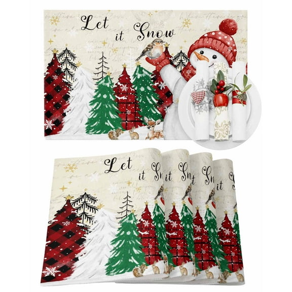 Christmas Placemats Set of 6, Bird Snowman Place Mats Christmas Tree Winter Snowflake Placemat Table Decoration for Kitchen Table Dinner Xmas Holiday Party Home Decor Indoor Outdoor 13x19 Inch
