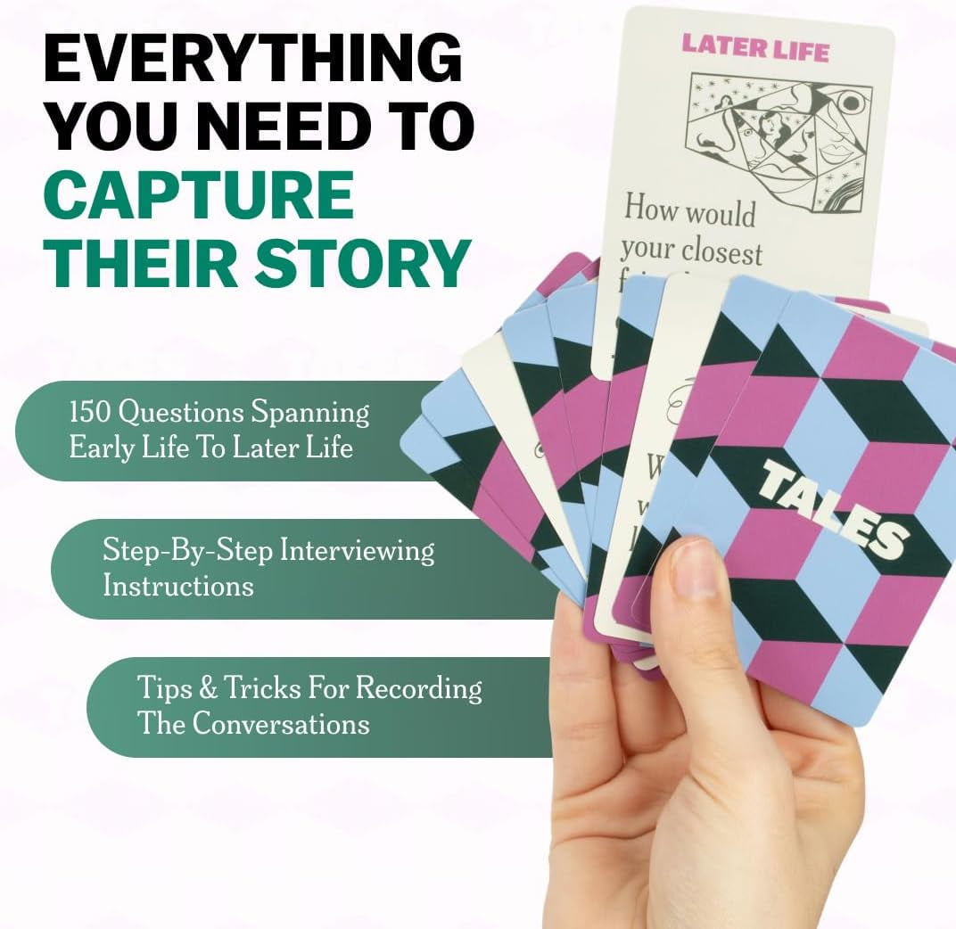 TALES 150 Life Story Interview Kit, Conversation Cards, for Grandparents, Parents, Families, Adults, Game Night, Road Trips