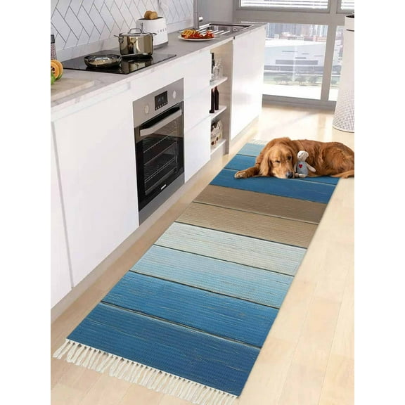 Brown Blue Ombre Entryway Runner Rug 2x4ft, Vintage Country Wooden Washable Woven Living Room Hallway Bedroom Kitchen Carpet with Tassels, Non-Shedding Indoor Outdoor Throw Door Mat for Entryway