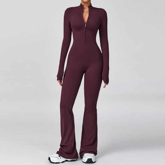 Women Long Sleeve Flared Jumpsuit Zip Up Romper One Piece Full Bodysuits Yoga Unitard Wide Leg Sexy Catsuit