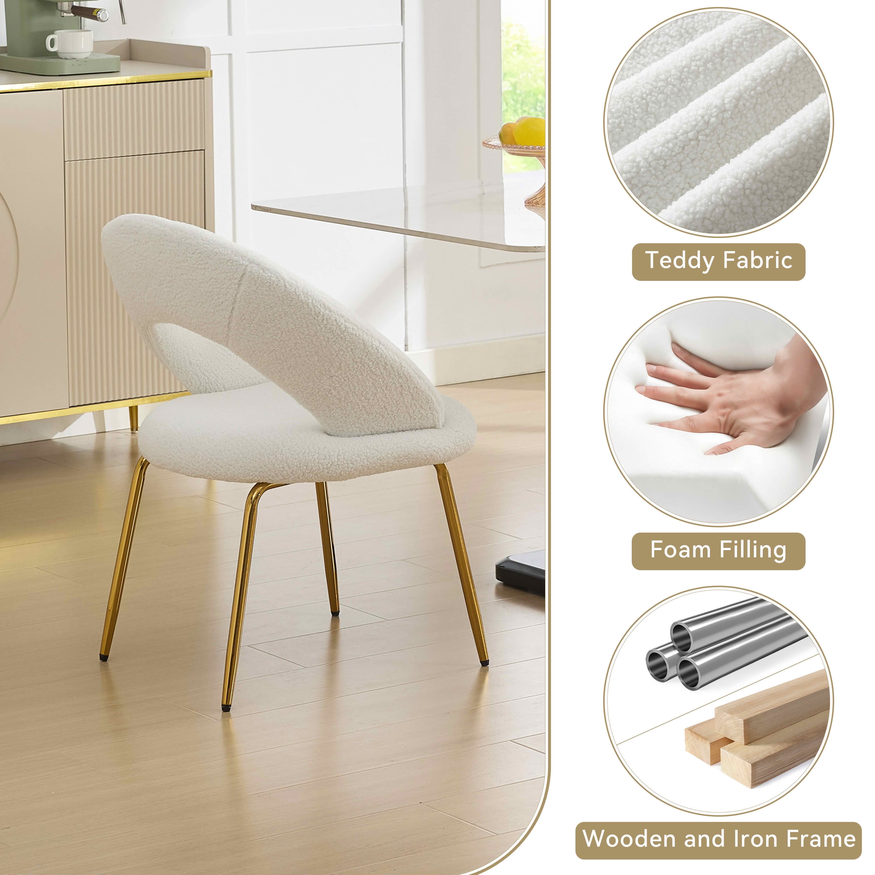 MAYEERTY Set of 1 Teddy Fabric Dining Chair, Curved Backrest & Golden Metal Legs, for Kitchen & Dining Room, White