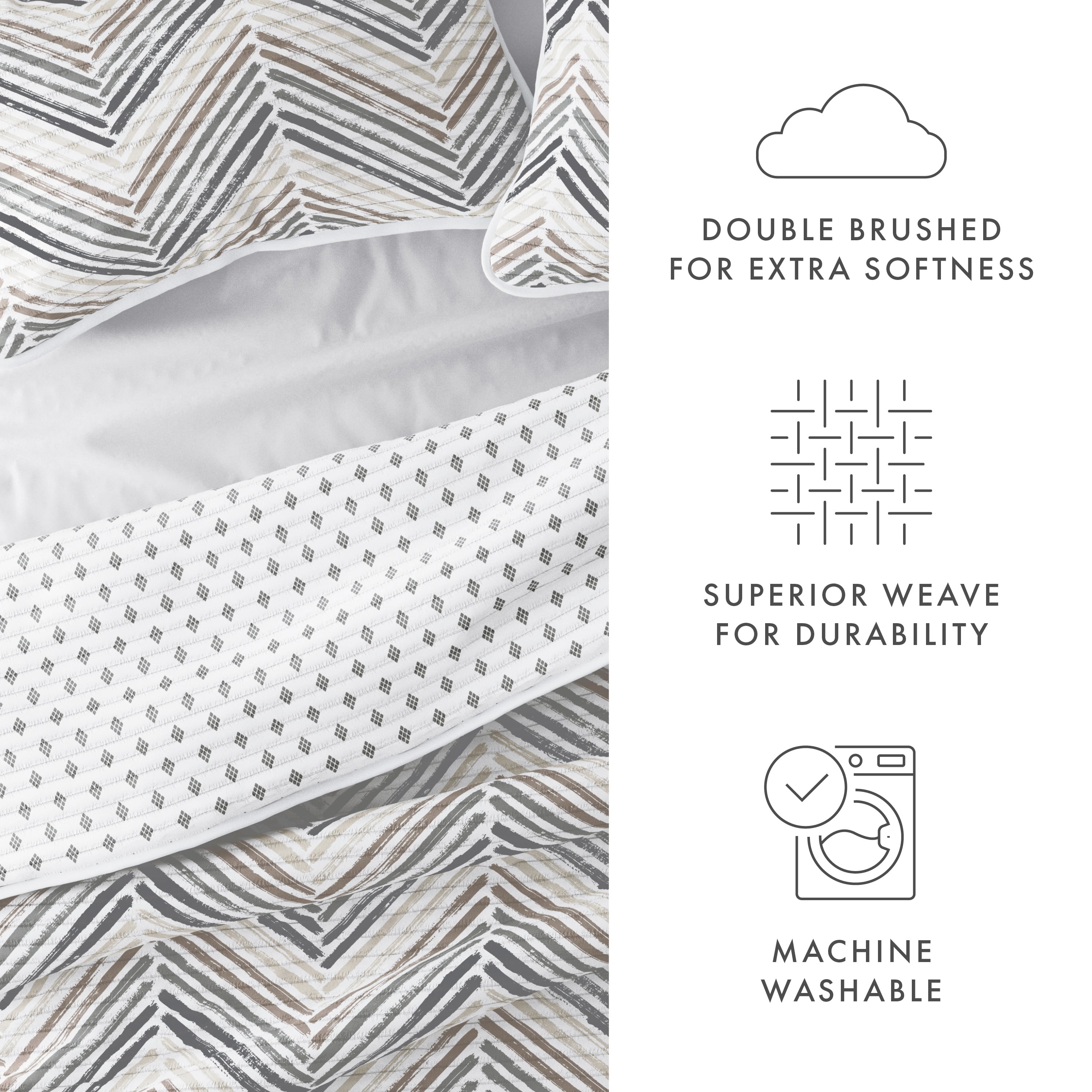 Noble Linens Light Gray 3 Piece Diamond Chevron Reversible Microfiber Quilt Set, Queen / Full