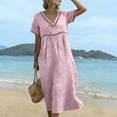 thumbnail image 6 of Domzest Womens Midi Dress Short Sleeve V Neck Linen Look Lace Trim Empire Waist Casual Summer Flowy Beach Vacation Sundress Pink XXL, 6 of 8