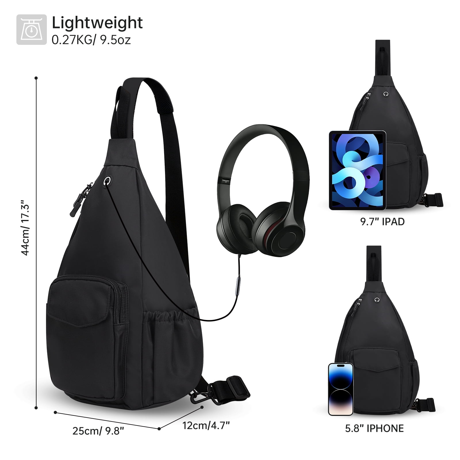 HAWEE Sling Backpack Crossbody Shoulder Left and Right Chest Bag for Women Men Travel Hiking Daypack, Black