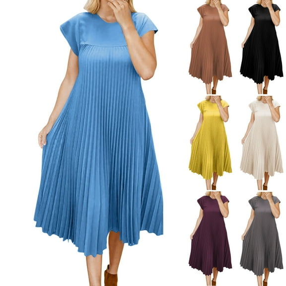 Fashion SMihono Women's Pleated Short Sleeve Maxi Dress Summer Fashion Crewneck Loose Fit Flowy Swing Long Dress with Pockets Beige L