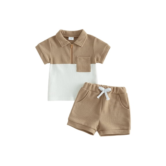 Cenuakty Toddler Baby Boy Shorts Set Contrast Half Zipper Collared Short Sleeve Shirt and Solid Shorts 2 Piece Summer Waffle Outfit