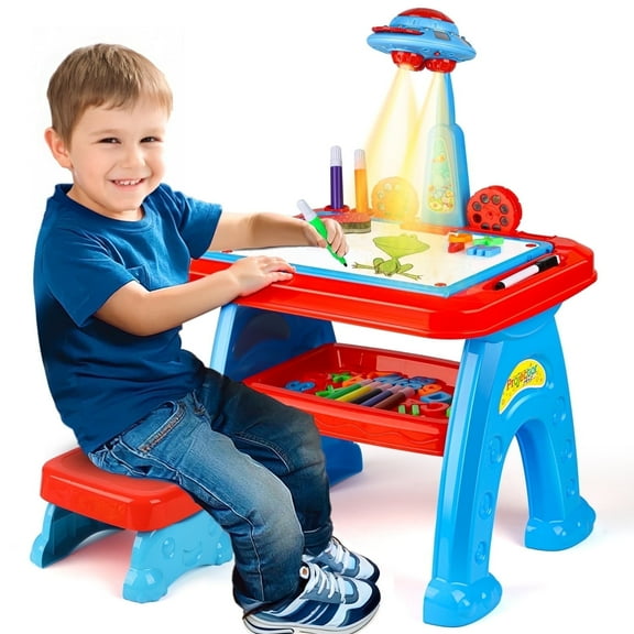 Flooyes Drawing Projector table for Kids, Learning Projector table Toys for Ages 3 4 5 6 7 8 Year Old Girl Birthday Gifts Blue