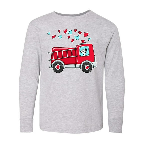 Inktastic Valentine Fire Truck with Cute Dalmatian and Hearts Long Sleeve Youth T-Shirt