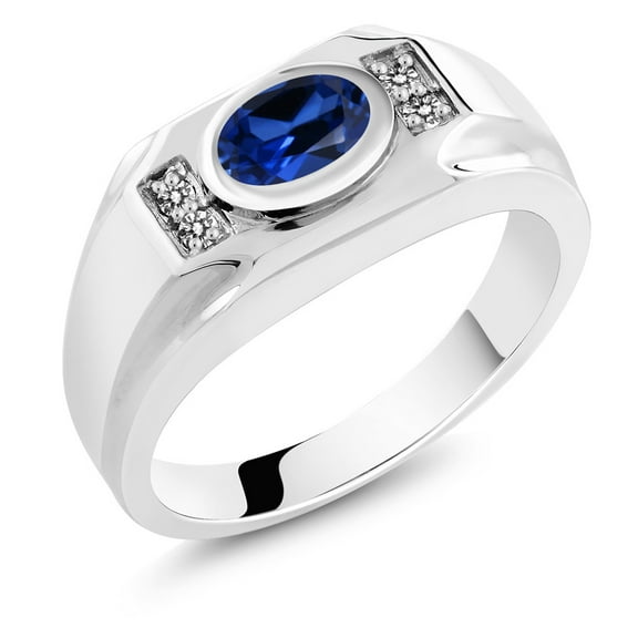 Gem Stone King Men's 925 Sterling Silver Blue Created Sapphire and White Diamond Ring (1.77 Cttw, Gemstone September Birthstone, Oval 8X6MM,, Size 9)
