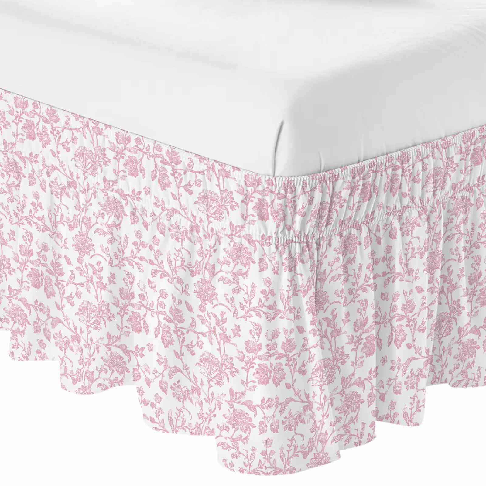 Bed Skirt Light Pink Floral Paisley Adjustable Elastic Wrap-Around Dust Ruffle with Boho Leaf Vintage Farmhouse Linen 16 Inch Drop, Bed Frame Cover for Queen Size Bed