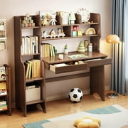 BALANBO Kids Desk with Bookshelf Wooden Children’s Media Desk Student's Study Computer Workstation and Writing Table (Brown)