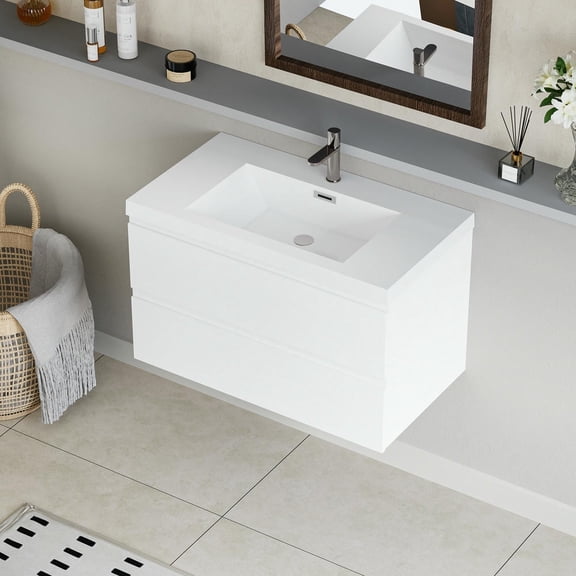 Resenkos Wall Cabinet, Wall Mount Cabinet,30" Floating Bathroom Vanity with Sink and Soft Close Drawers, Glossy White