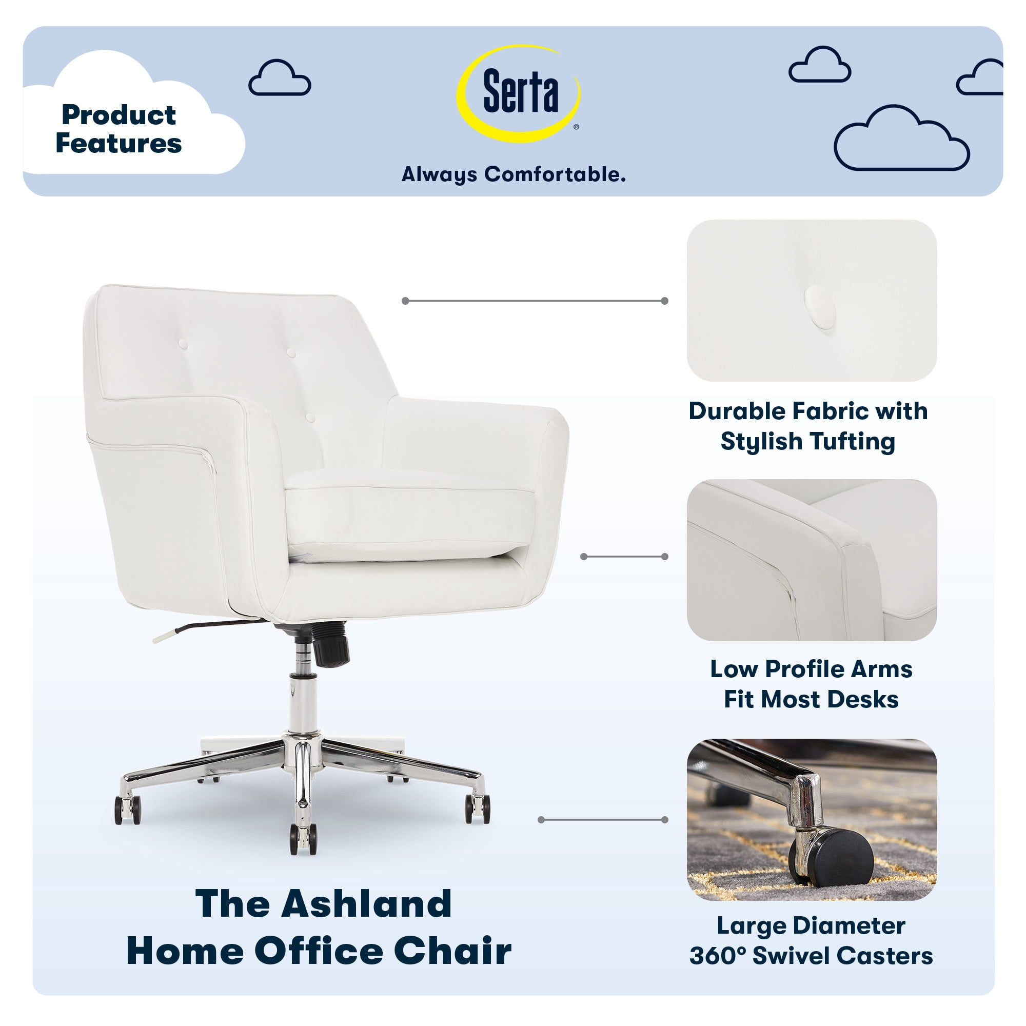 Serta Ashland Home Office Desk Chair with Button Tufted Mid-Back, Memory Foam Cushion and Padded Arms, Modern Vanity Armchair with Wheels for Bedroom, Chrome Metal Base, White Bonded Leather