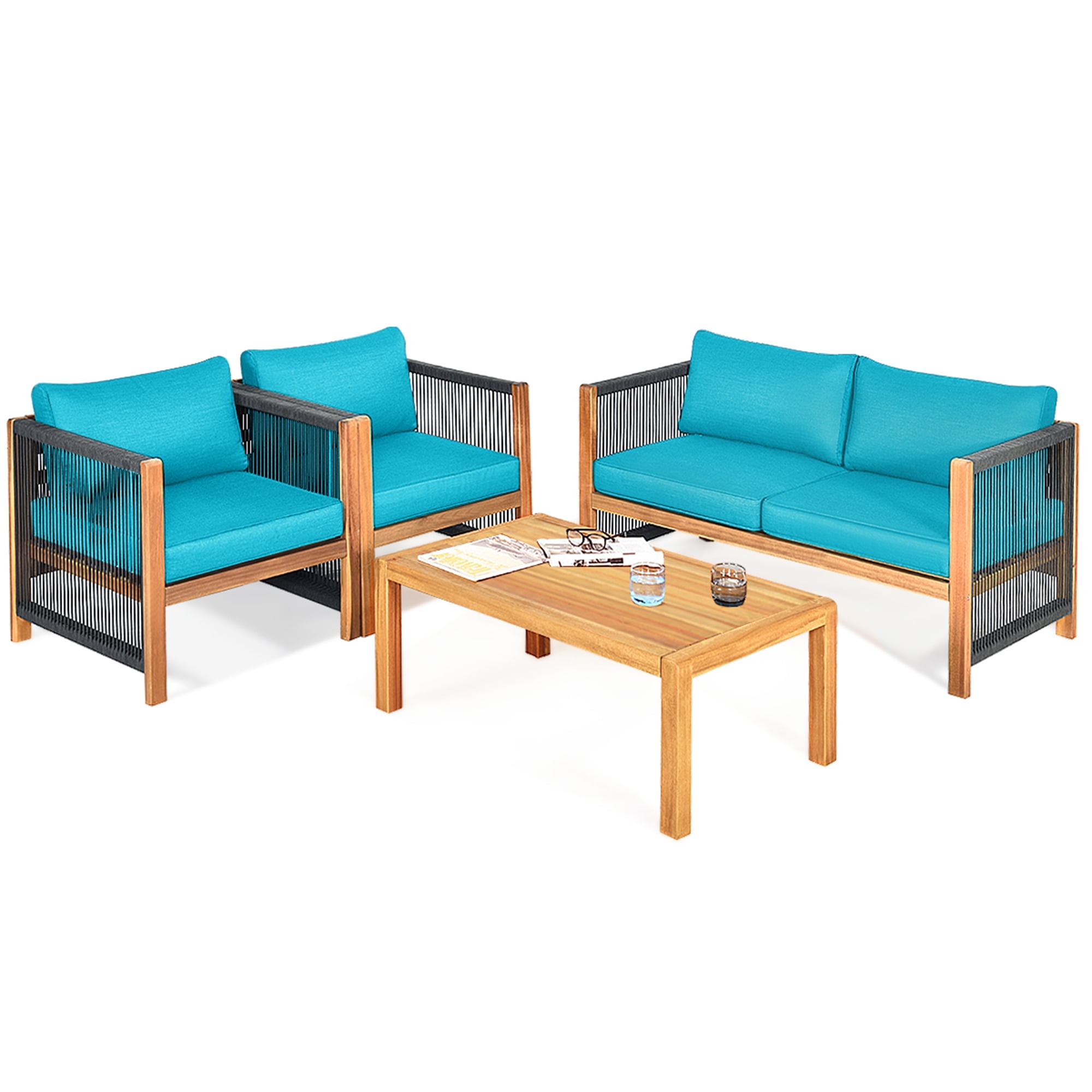 Gymax 8PCS Acacia Wood Outdoor Patio Furniture Conversation Set W/ Turquoise Cushions