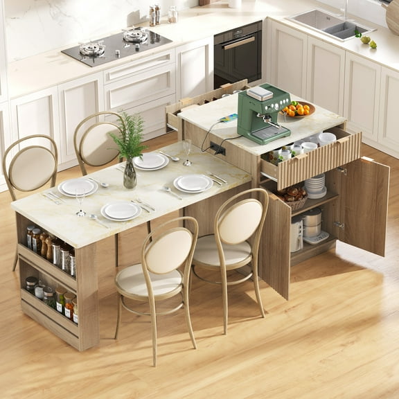 82.6" Fluted Kitchen Storage Island with Extendable Dining Table for 4-6 - Kitchen Table with Power Outlet, Double-Side Storage, 2 Drawers & 2 Side Open Shelves