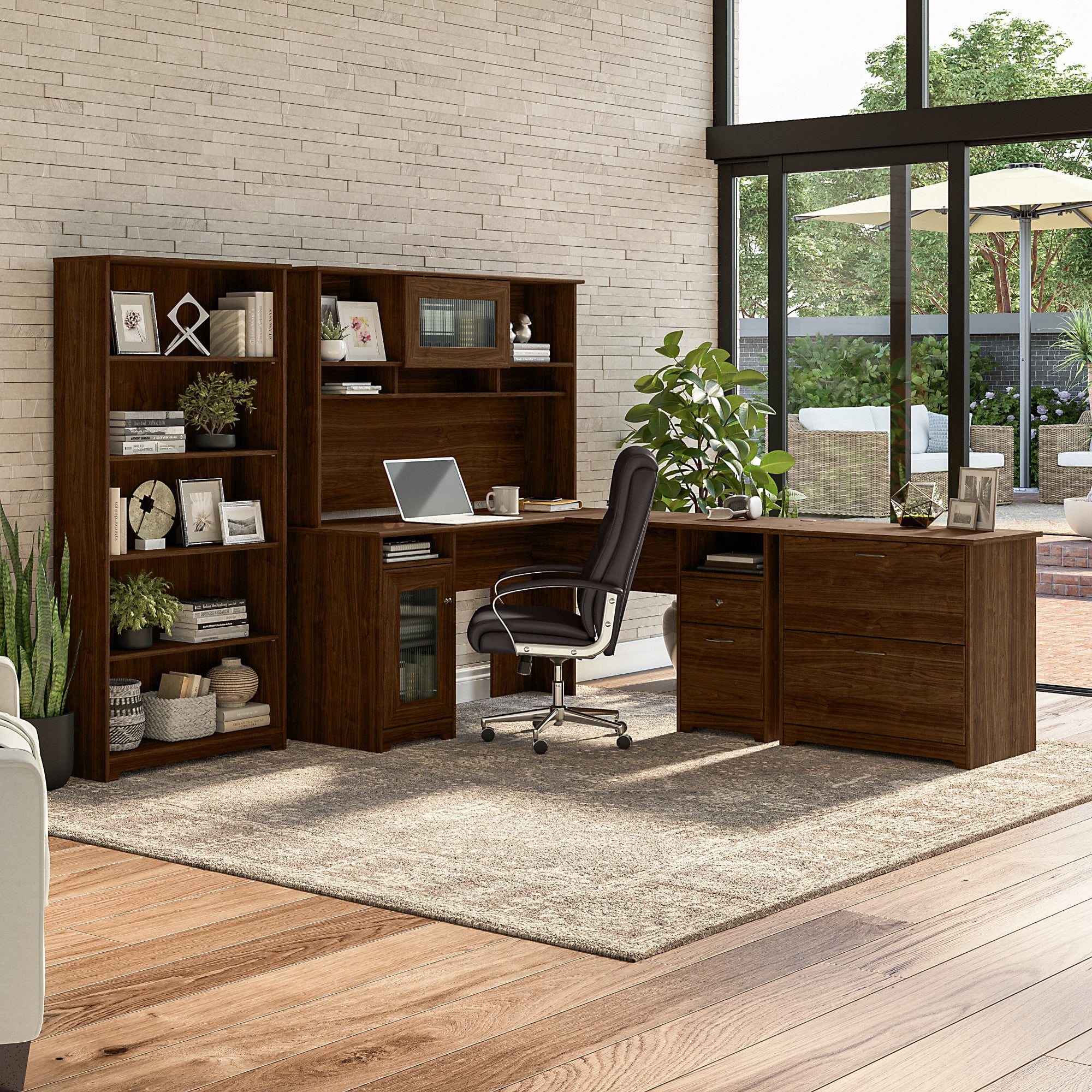 Bush Furniture Cabot 60" L Shaped Desk with Storage, Modern Walnut