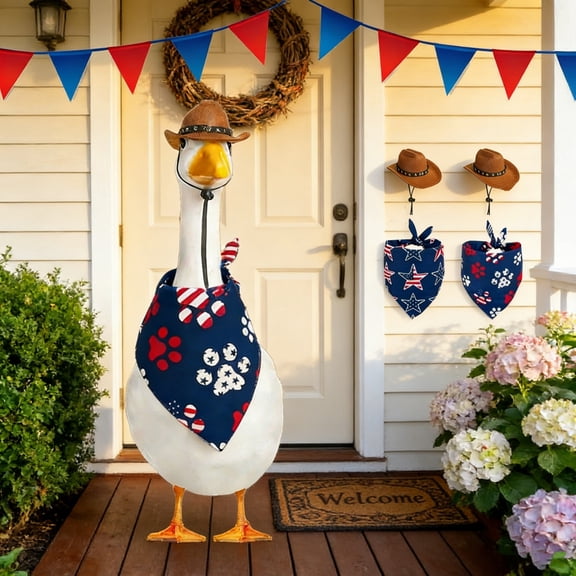 2pcs Hat-Stay-Secure Buckle-Closure Adjustable 23in Porch Goose Costume Set - Cowboy Hat & Bandana Outfit for White Goose Statue Decor, Perfect Year of the Horse Fun Gifts Ideas & Home Necessity, A