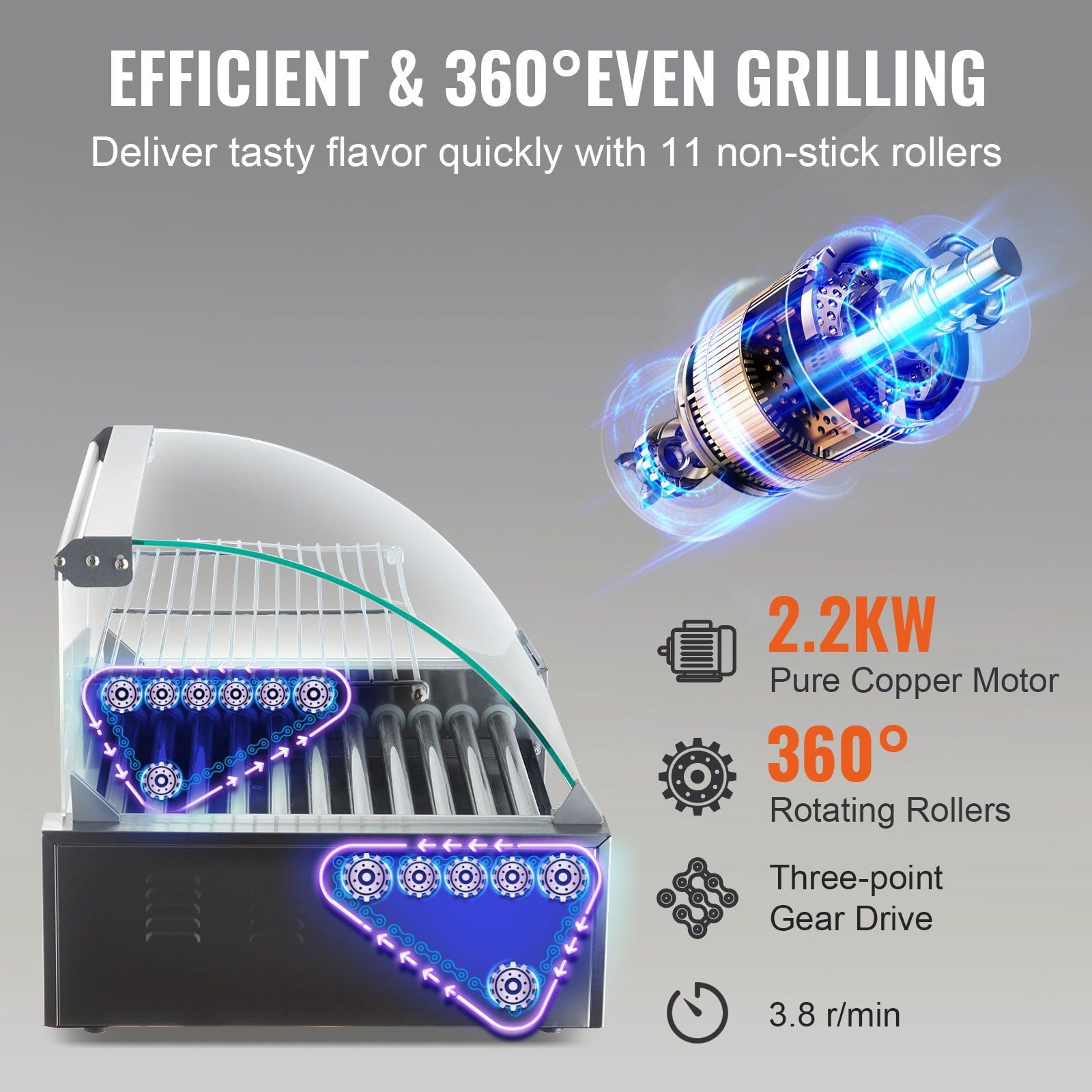 11-Roller Hot Dog Cooker, 1650W Stainless Steel Sausage Grill w/ Dual Temp Control, 30-Capacity, Glass Hood & Bun Warmer, ETL Certified