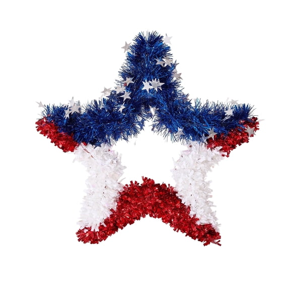 DR.Planzen Patriotic Star Wreath 20 Inch 4th of July Wreath for Front Door - Sparkling Red White Blue Tinsel American Flag Wreath Independence Day Memorial Day Indoor Outdoor Patriotic Door Decor