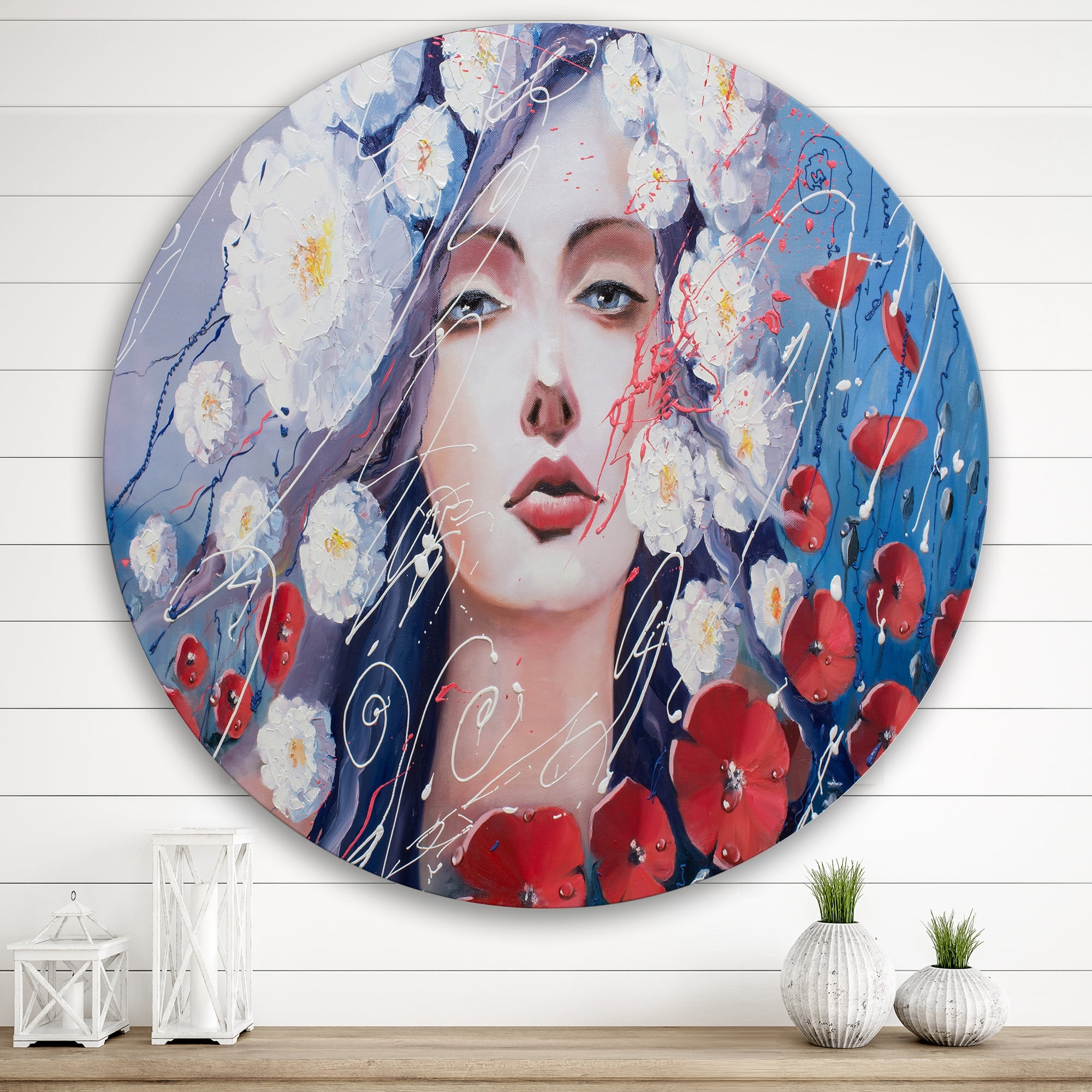 Designart 'Portrait Of A Young Lady With Red & White Flowers' Traditional Circle Metal Wall Art 29x29 - Disc of 29