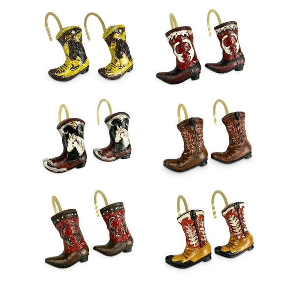 Rivers Edge Products 12-Pack Shower Curtain Hooks, Hand-Painted Country Decorations and Shower Curtain Rings, Western Bathroom Decor and Accessories, Cowboy Boot