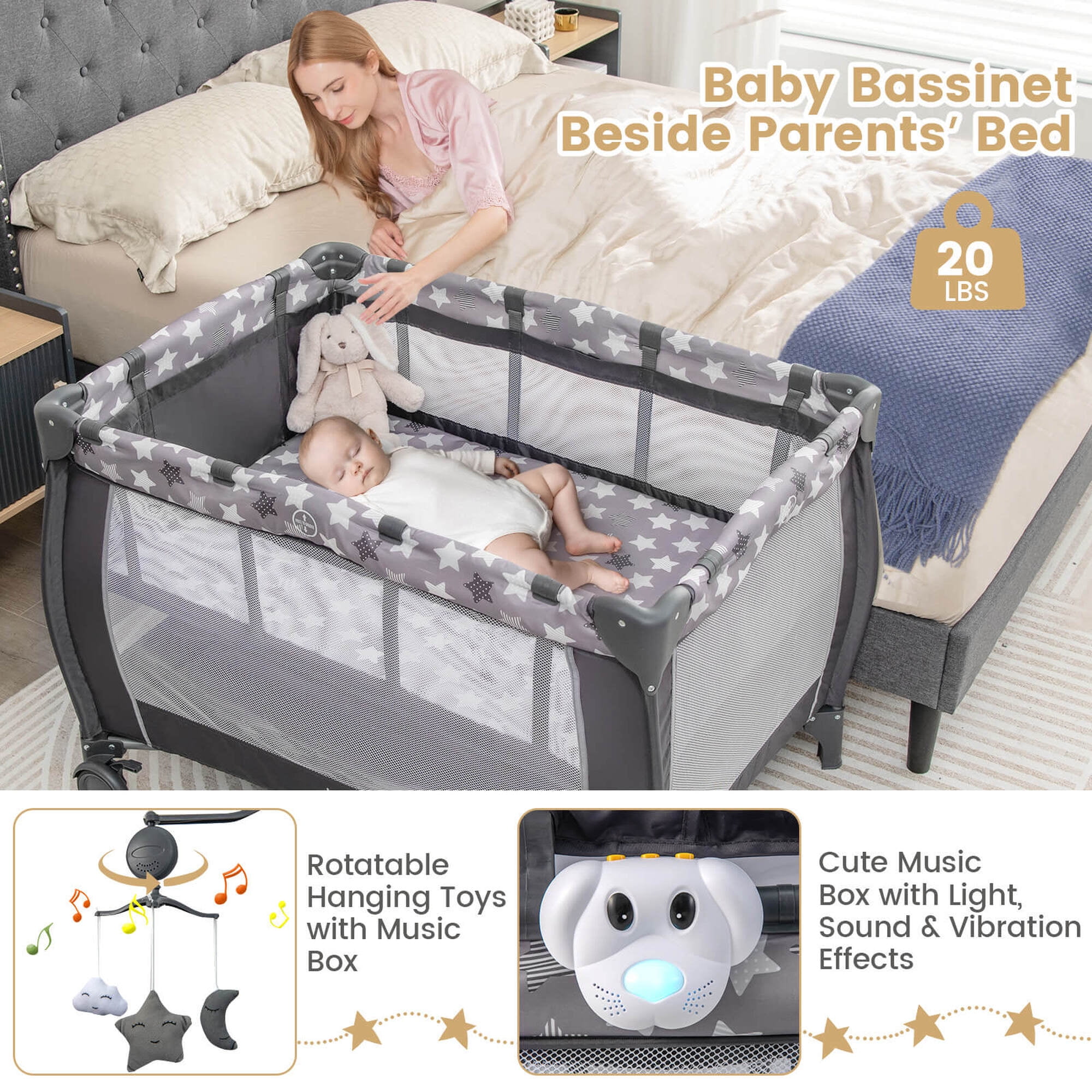 Costway Portable Baby Playard Nursery Center Crib with Hanging Toys & Music Box Gray
