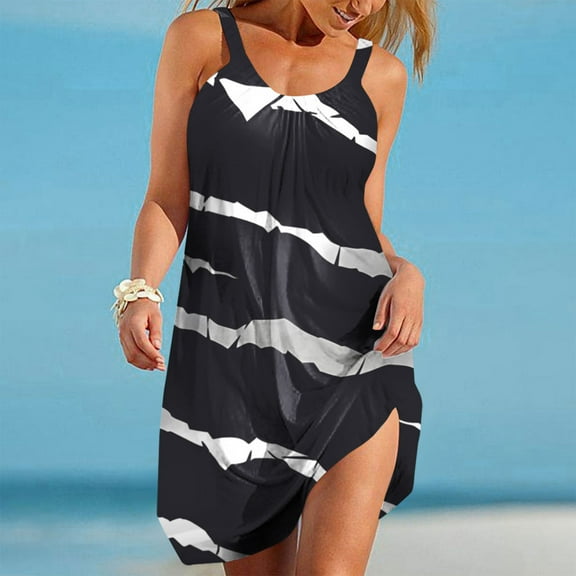 Xixinqiwan No Boundaries Women's and Women's Plus Dresses,Women's Summer Floral Printed Dress Pocket Beach Sleeveless V-Neck Dresses Black L