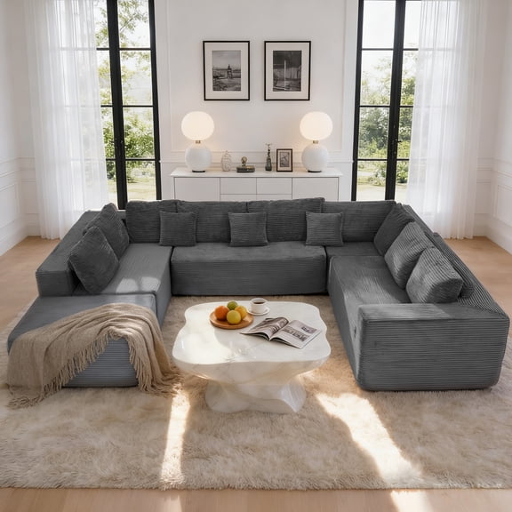HOMREST 136" U Shaped Sectional Couch for Living Room, Cloud Modular Sectional Boneless Sofa with Memory Foam, Big Comfy Couches with Chaise No Assembly Required, Grey