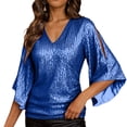 thumbnail image 4 of zaveiop Womens Sparkly Sequin Tops,3/4 Sleeve Glitter Party Dressy Blouse,V-Neck Disco Evening Club Concert Shirt (Blue, XL), 4 of 6