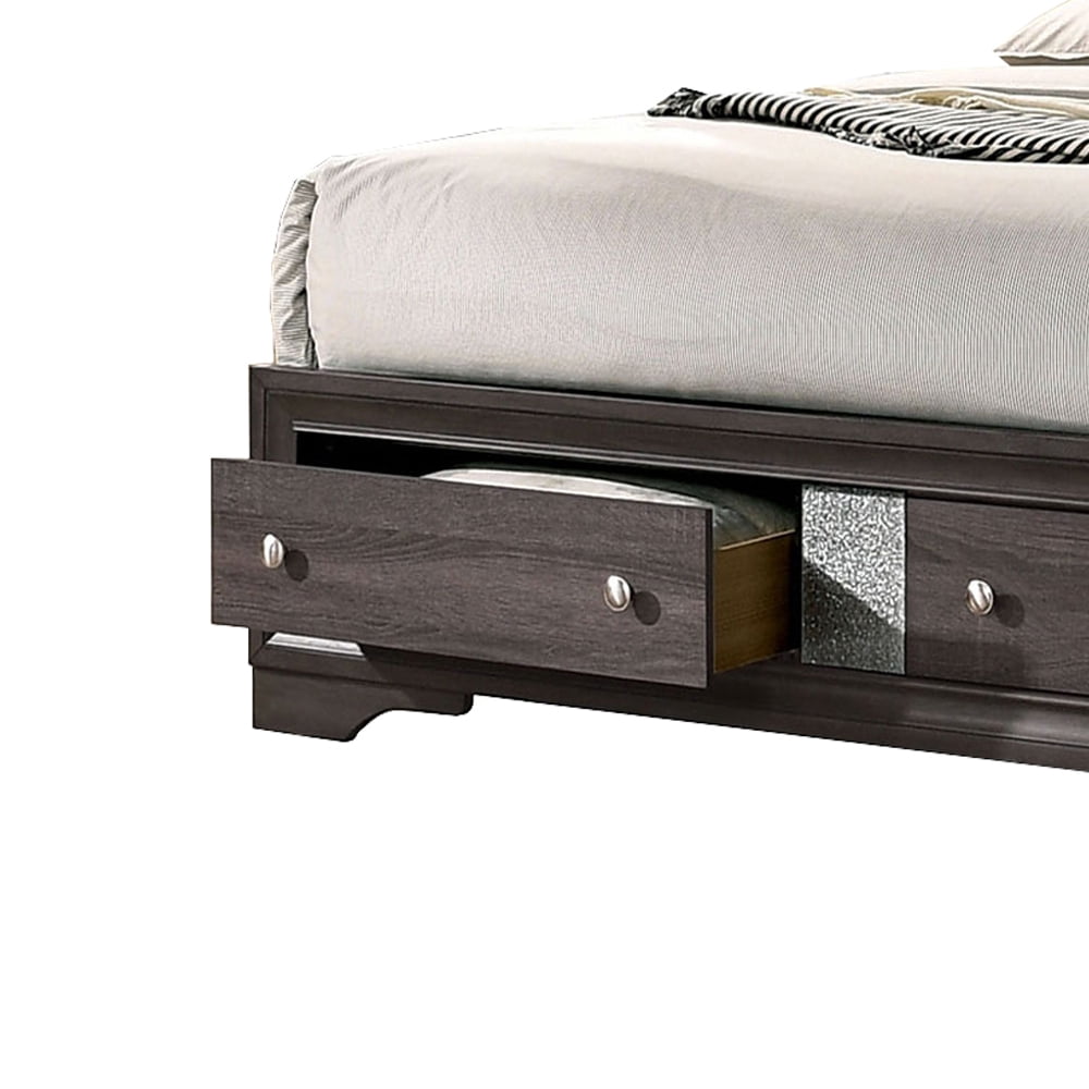 Queen Bed with Plank Headboard and 2 Drawers Brown and Silver - Saltoro Sherpi