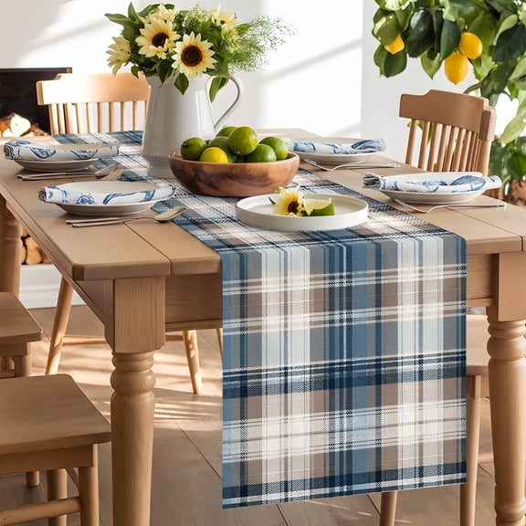 Vintage Plaid Table Runner, Blue Brown White Plaid Texture Cotton Washable Kitchen Table Runners Dress Scarves for Dining Table Decorations Party/Restaurant/Indoor Outdoor Use, 13x72in