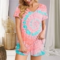 thumbnail image 5 of 2 Piece Pajamas Sets for Women Summer Tie-dye Outfits Short Sleeve Pleated V Neck Top and Shorts Set lounge Homewear (XXL, pink 02), 5 of 5