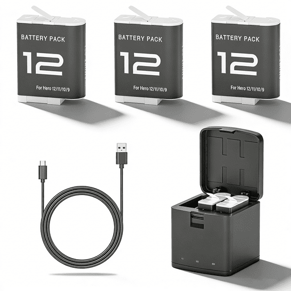 3 Pack He ro 12 Battery for Go  pro 12 11 10 9 Black Battery, 3-Channel USB-C Charging Station  with Type-C Cord