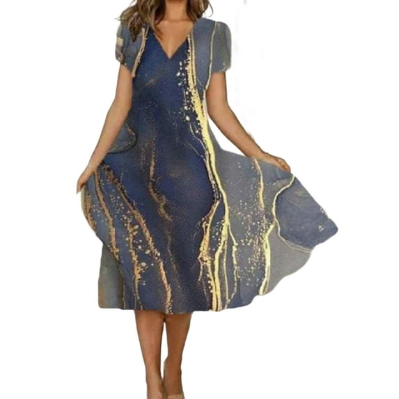 VSNOW Women Casual Floral Print Short Sleeve Swing Dress Party Beach Sundress