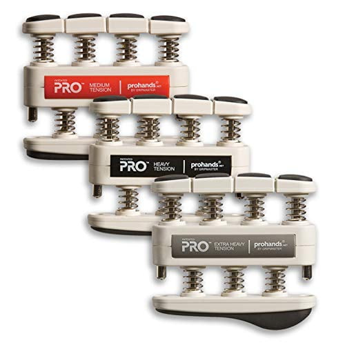PROHANDS PRO Hand Exerciser, Finger Exerciser (Hand Grip Strengthener), Spring-Loaded, Finger-Piston System, Isolate and Exercise Each Finger, (Set of 3) (Red, Black, Gray)