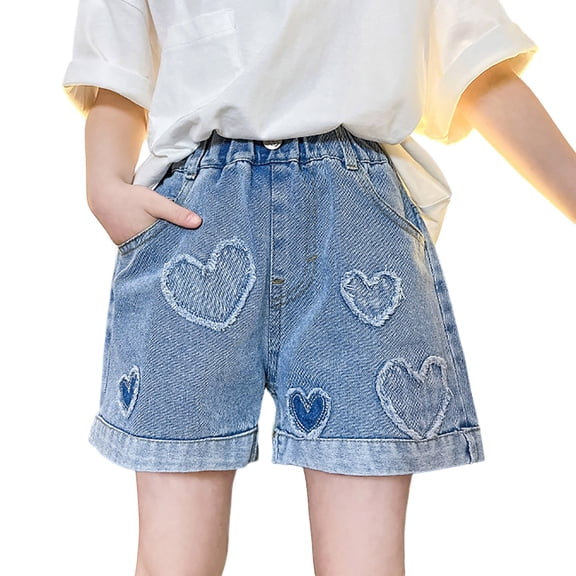 WOYY Girls Pull On Jean Shorts High Waisted Denim Shorts with Hearts Patches, Sizes 6-16