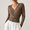 Coffee, variant on Women Wrap V-Neck Sweater Soft Long Sleeve Knit Pullover Top Slim Fit Waist Cropped Sweaters, L