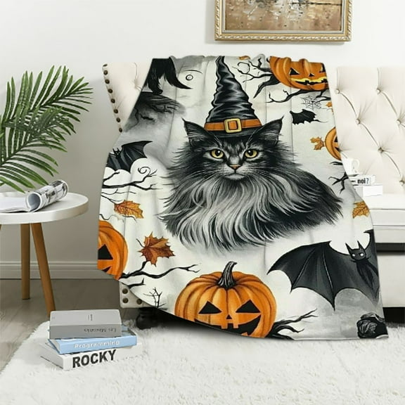 Witchy Cats Halloween Flannel Blanket: Pumpkins & Bats