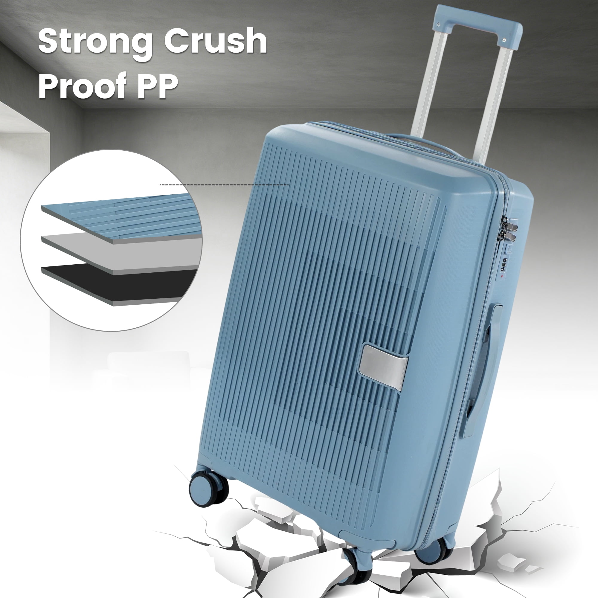 Travelhouse 3 Piece Checked Hard Shell Luggage Set Lightweight Suitcase with Lock and Spinner Wheels,Grayish blue